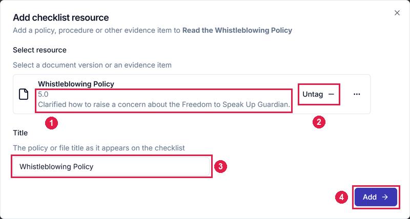 The Add checklist resource dialog with Whistleblowing Policy version 5.0 selected and its title filled in