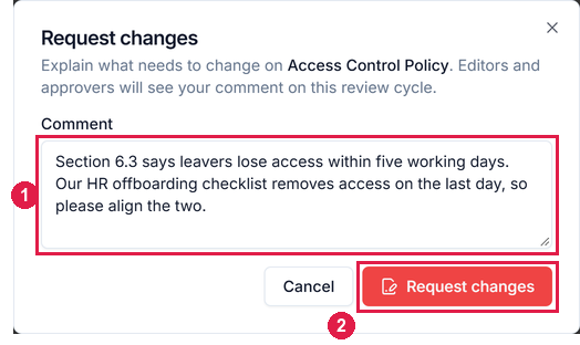 The Request changes dialog with a comment asking for section 6.3 to match the HR offboarding checklist