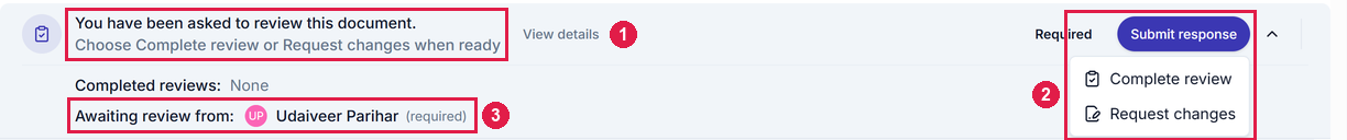 The review banner on a document with the Submit response menu open, showing Complete review and Request changes