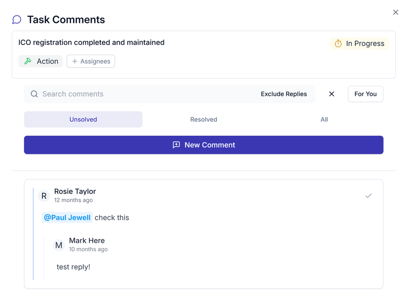 The Task Comments panel showing the task summary, a search box, Exclude Replies, For You, Unsolved, Resolved and All filters, a New Comment button, and a comment mentioning a teammate with one reply