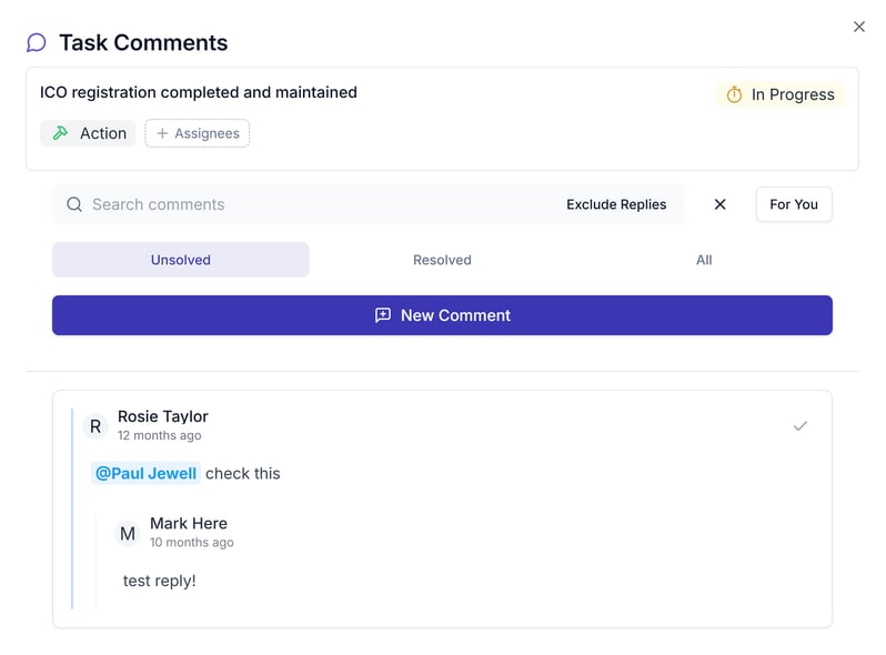 The Task Comments panel showing the task summary, a search box, Exclude Replies, For You, Unsolved, Resolved and All filters, a New Comment button, and a comment mentioning a teammate with one reply