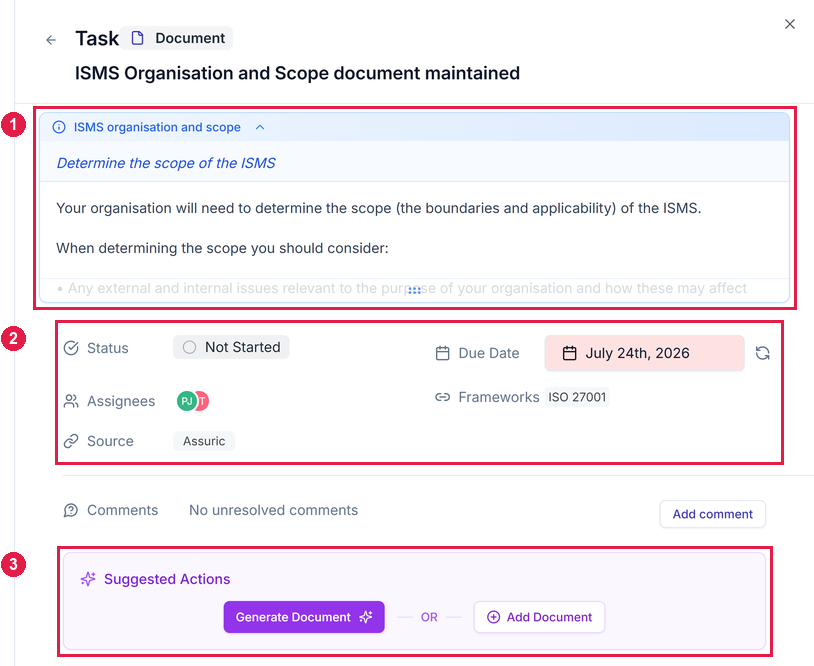 A task sheet showing the guidance panel, the Status, Due Date and Assignees fields, and a Suggested Actions panel with Generate Document and Add Document buttons