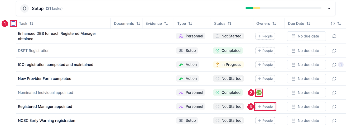 The Setup task list with the bulk-select header checkbox, an assigned owner avatar on one row, and an unassigned People button on another row