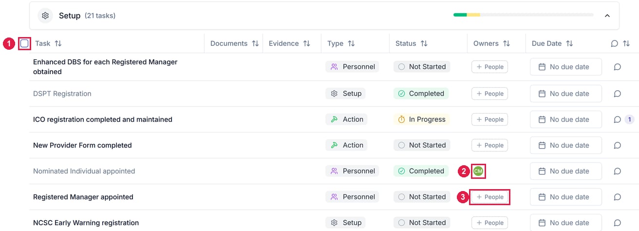 The Setup task list with the bulk-select header checkbox, an assigned owner avatar on one row, and an unassigned People button on another row