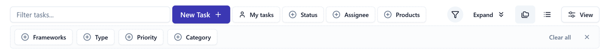 The Tasks filter rows showing My tasks, Status, Assignee and Products filters, a second row with Frameworks, Type, Priority and Category, and a Clear all control