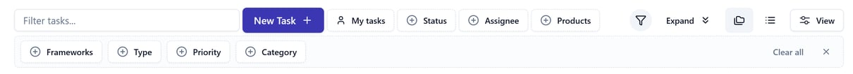 The Tasks filter rows showing My tasks, Status, Assignee and Products filters, a second row with Frameworks, Type, Priority and Category, and a Clear all control
