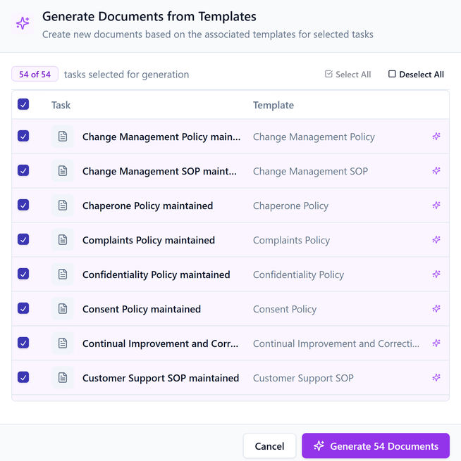 The Generate Documents from Templates dialog with every suggested task selected, Select All and Deselect All controls, and a button to generate documents for the selected tasks