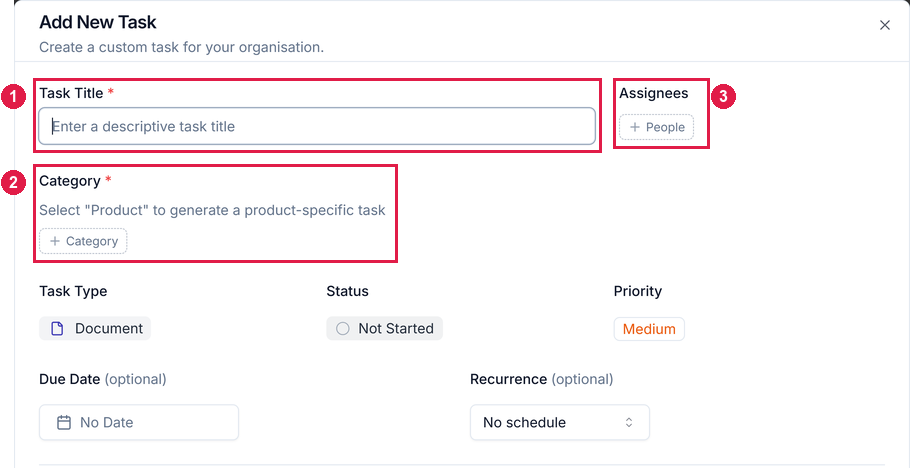 The Add New Task dialog with the Task Title field, Category selector, and Assignees control highlighted