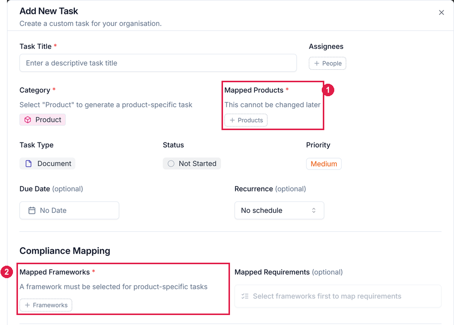 The New Task dialog with Product selected as the category, showing the new required Mapped Products field and the Mapped Frameworks field now marked required