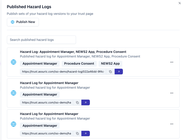 The Published Hazard Logs panel in the Assuric admin