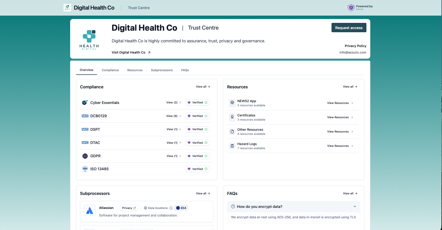 A published Assuric Trust Centre showing logo, banner and compliance overview