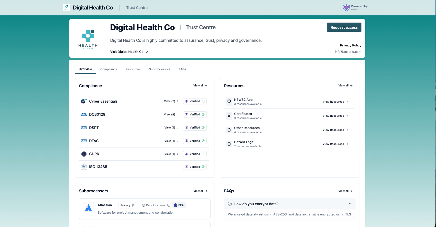 A published Assuric Trust Centre showing logo, banner and compliance overview