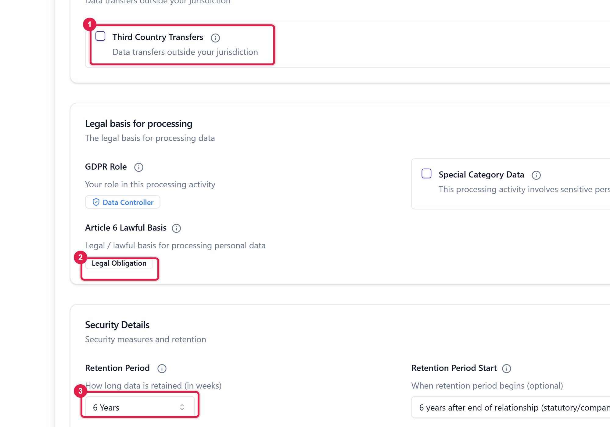 A processing activity's detail view with the Third Country Transfers checkbox, Article 6 Lawful Basis and Retention Period highlighted