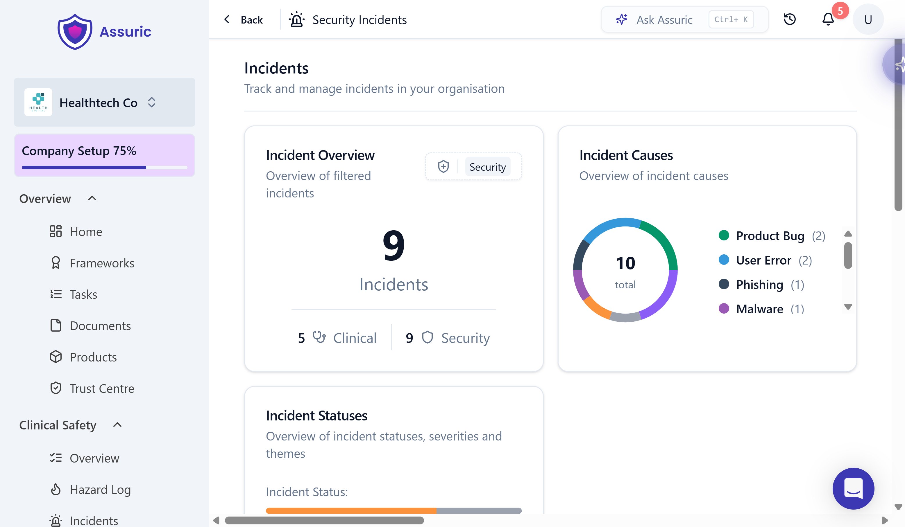 The Incidents dashboard filtered to Security, showing the Incident Overview count and Incident Causes breakdown