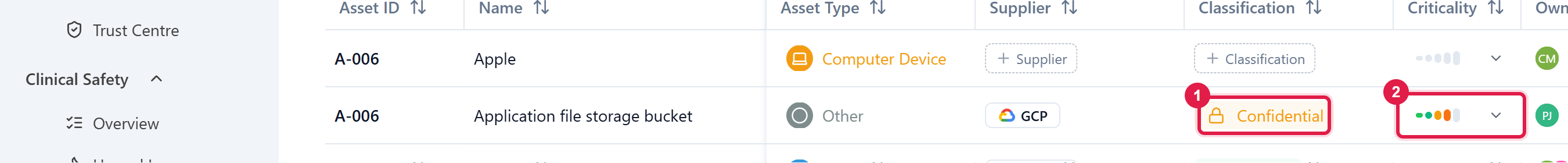 The Information Assets table with the Classification and Criticality columns highlighted