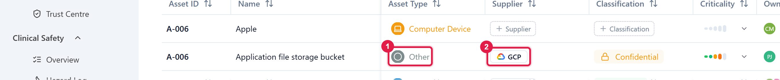 The Information Assets table with the Asset Type and Supplier columns highlighted