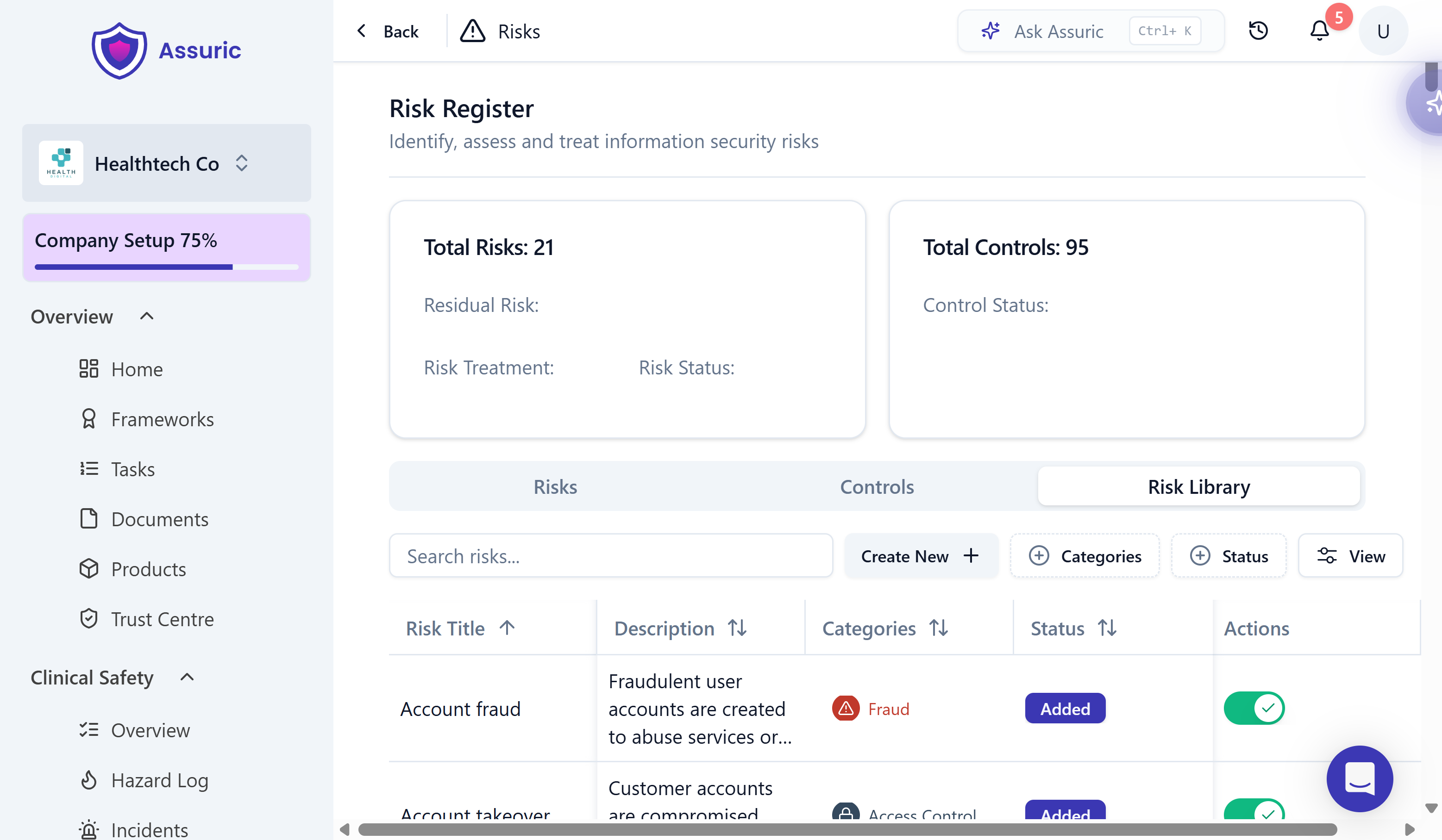 The Risk Library tab listing prebuilt risks with their category and status