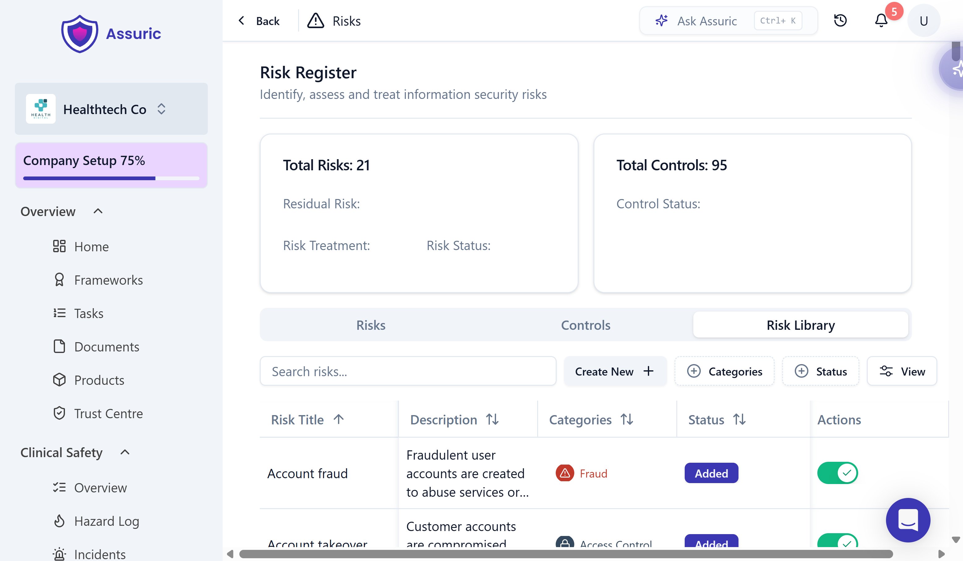 The Risk Library tab listing prebuilt risks with their category and status