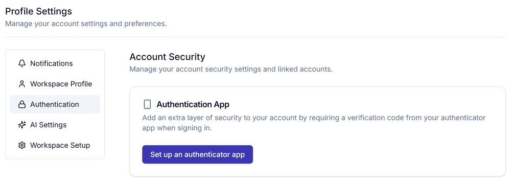 The Account Security section of personal settings, showing the Authentication App card