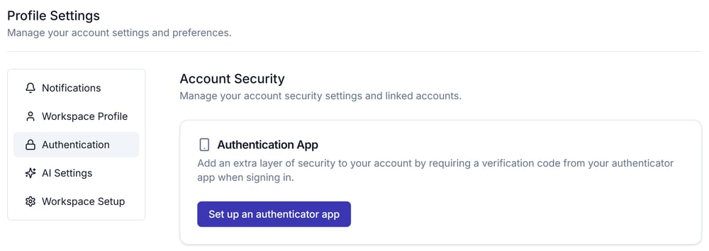 The Account Security section of personal settings, showing the Authentication App card