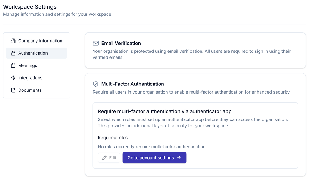 The Authentication tab under Workspace Settings, showing Email Verification and Multi-Factor Authentication sections