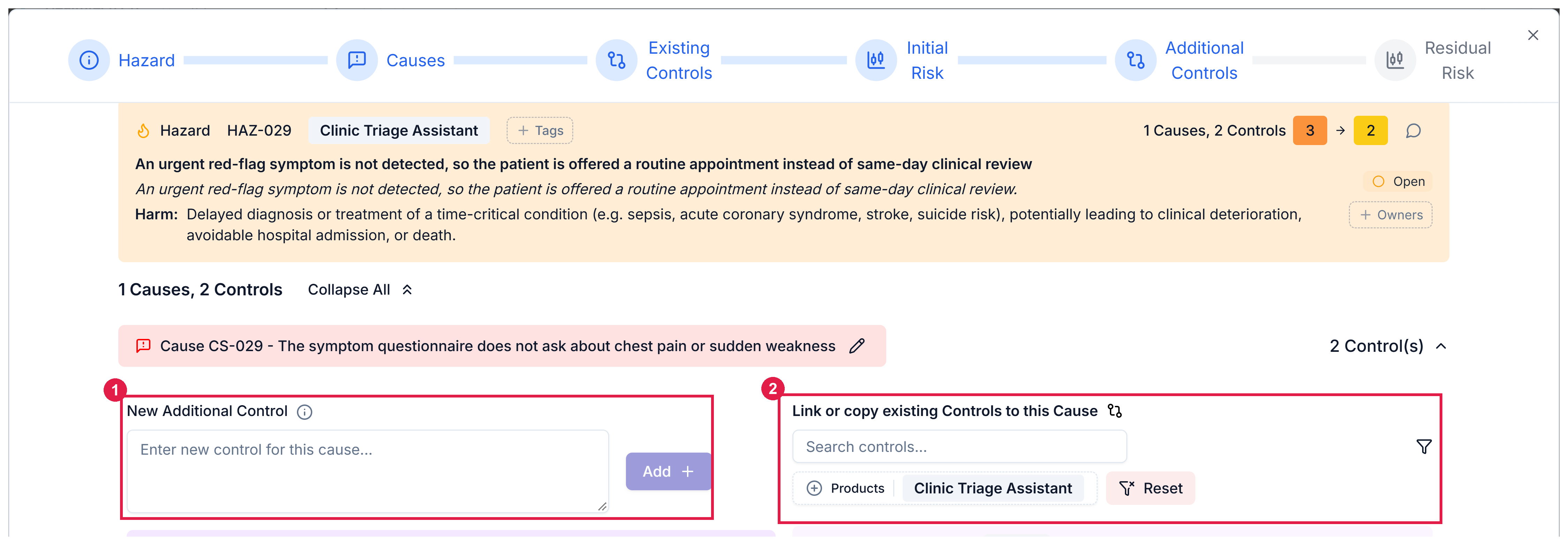 The Additional Controls stage with the New Additional Control field and Add button, and the Link or copy existing Controls to this Cause panel with its filters
