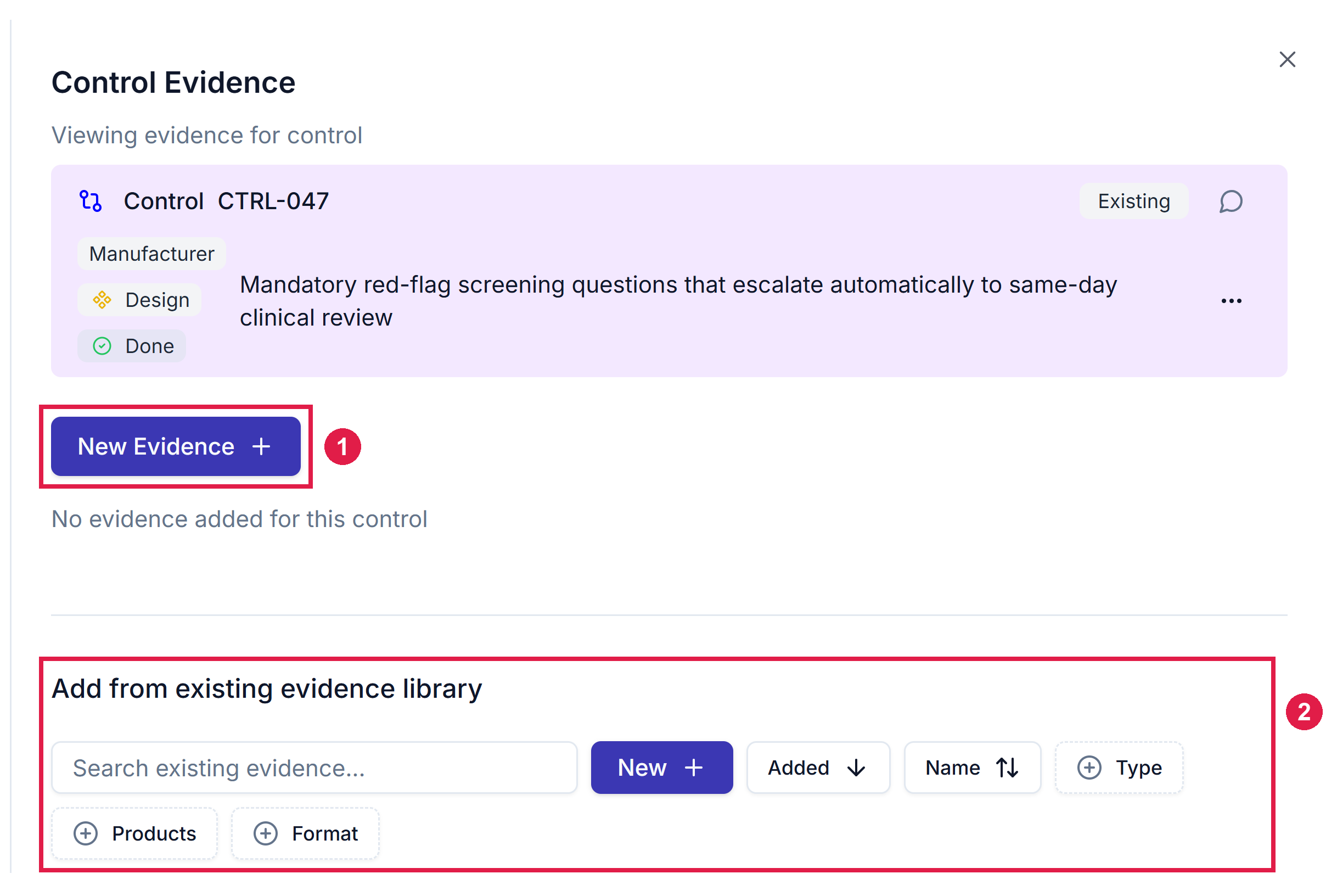 The Control Evidence panel for CTRL-047 with the New Evidence button and the Add from existing evidence library section with its search box and filters
