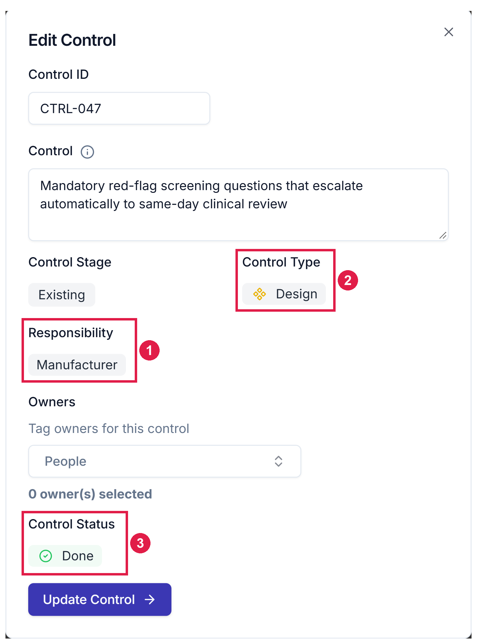 The Edit Control form with the Responsibility, Control Type and Control Status fields