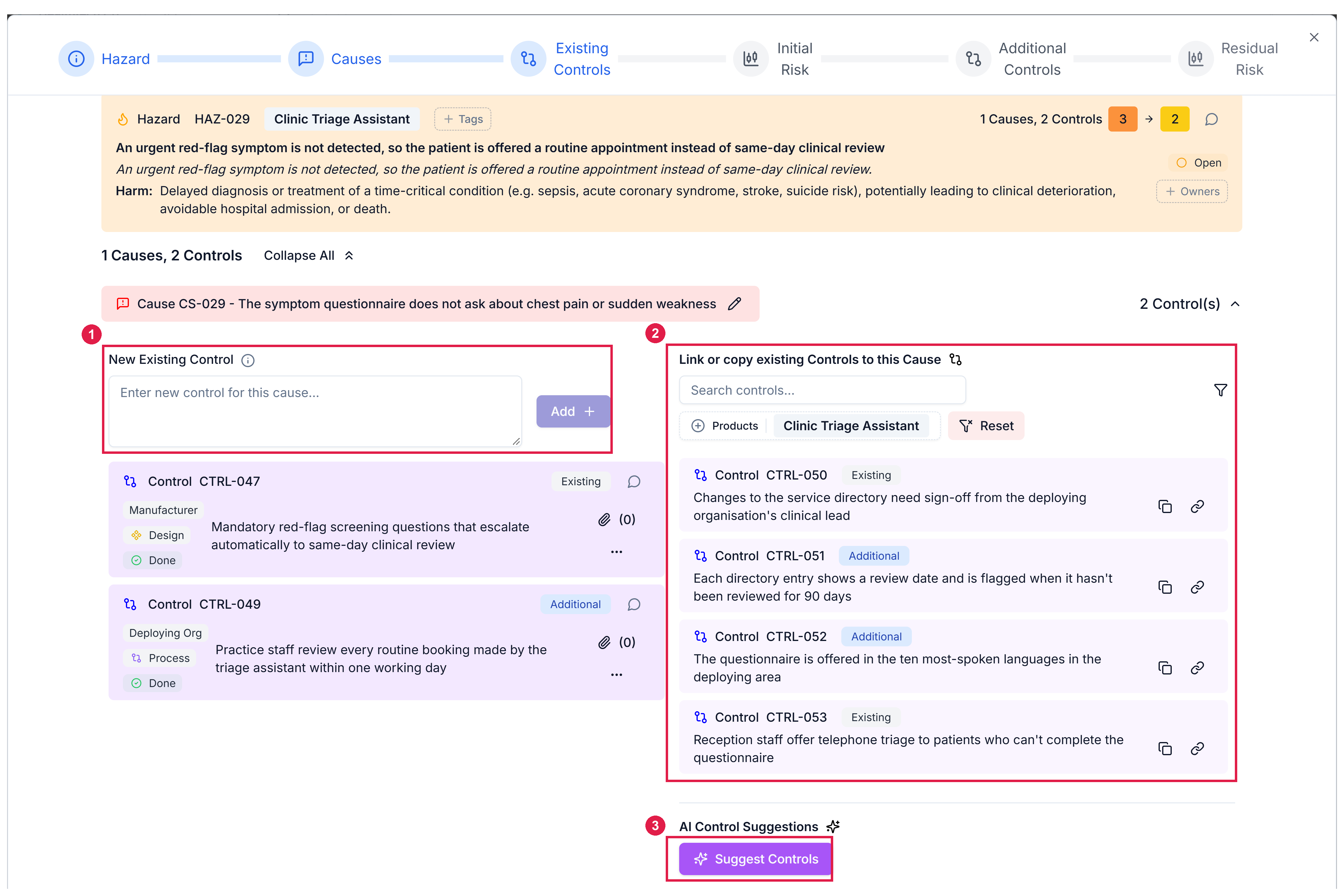 The Existing Controls stage with one cause expanded, the New Existing Control field and Add button, the Link or copy existing Controls to this Cause panel with its filters, and the Suggest Controls button