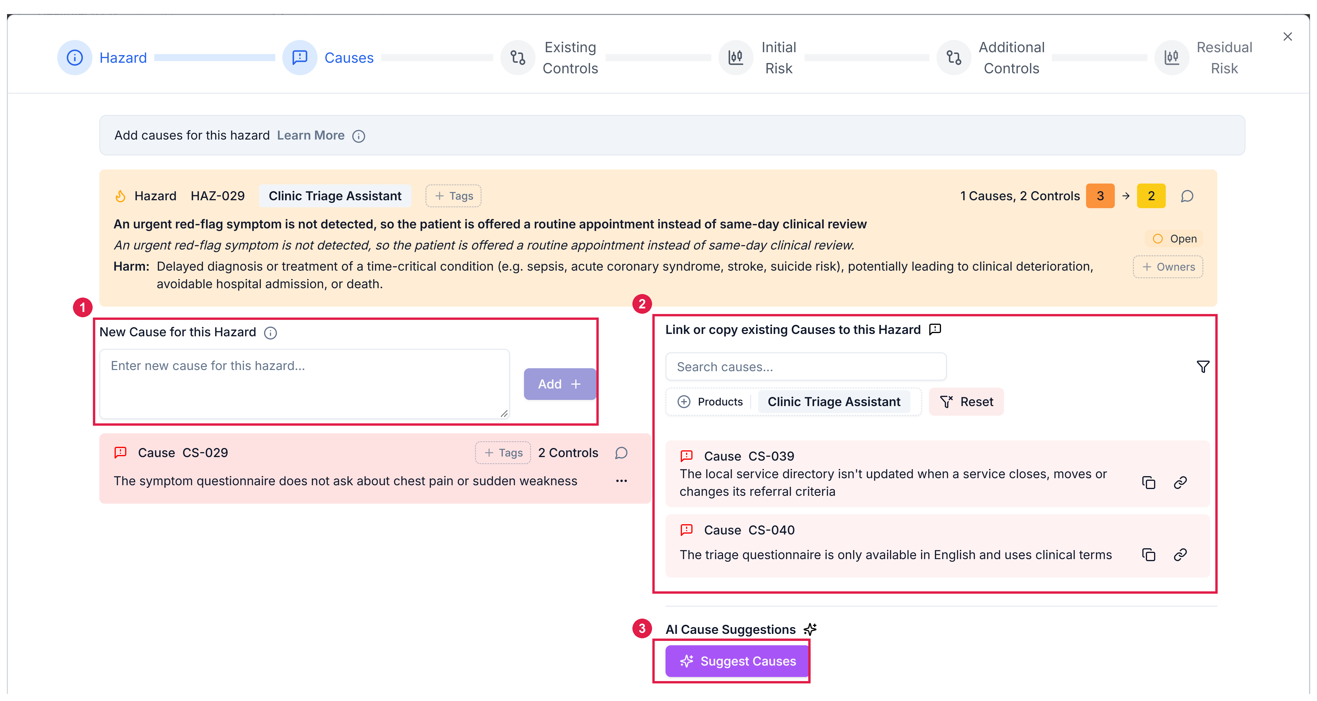 The Causes stage of a hazard with the New Cause for this Hazard field and Add button, the Link or copy existing Causes to this Hazard panel with its product filter, and the Suggest Causes button
