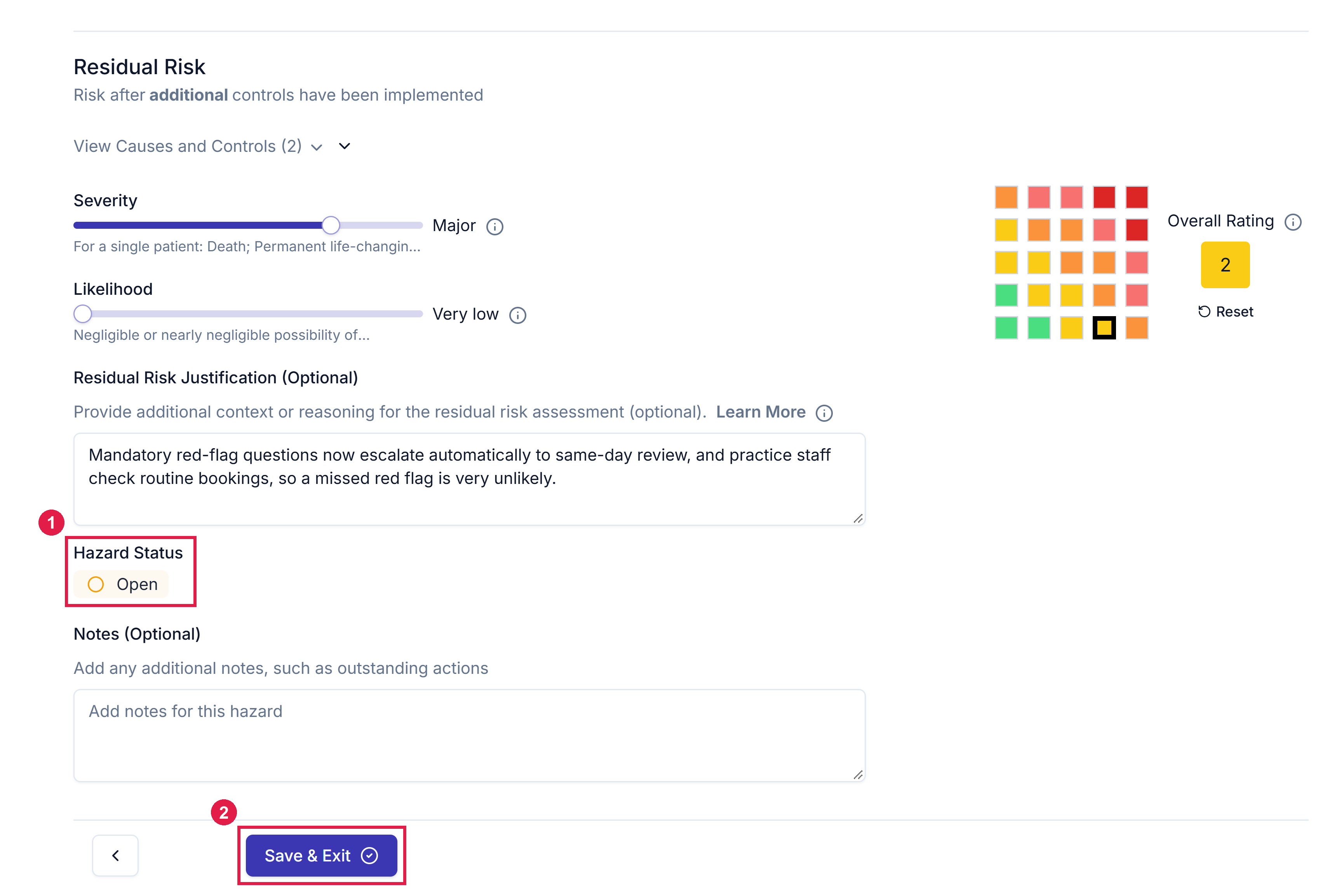 The Residual Risk stage scrolled to the bottom, showing the residual rating, the justification, the Hazard Status selector and the Save & Exit button