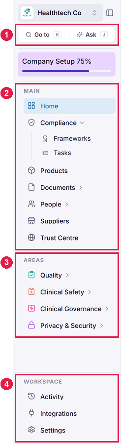 The Assuric sidebar, with the Go to and Ask buttons at the top, then the Main, Areas and Workspace groups