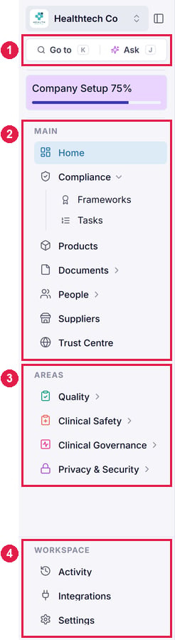 The Assuric sidebar, with the Go to and Ask buttons at the top, then the Main, Areas and Workspace groups