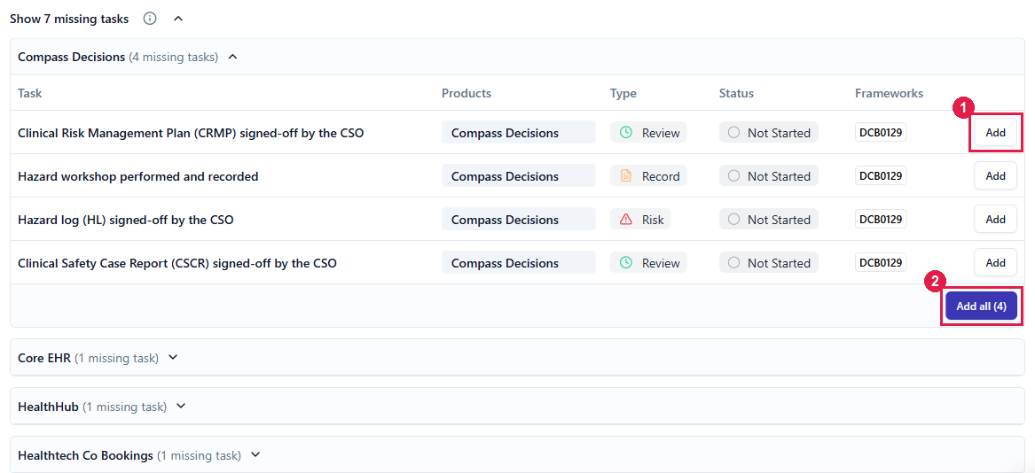 The Show missing tasks list on the DCB0129 framework page, with one product expanded showing its missing tasks, an Add button on each row, and an Add all button
