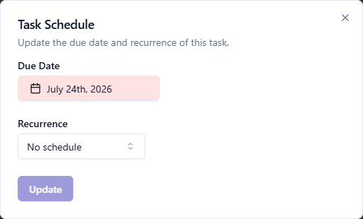 The Task Schedule dialog with an overdue Due Date shown in red, a Recurrence dropdown set to No schedule, and an Update button