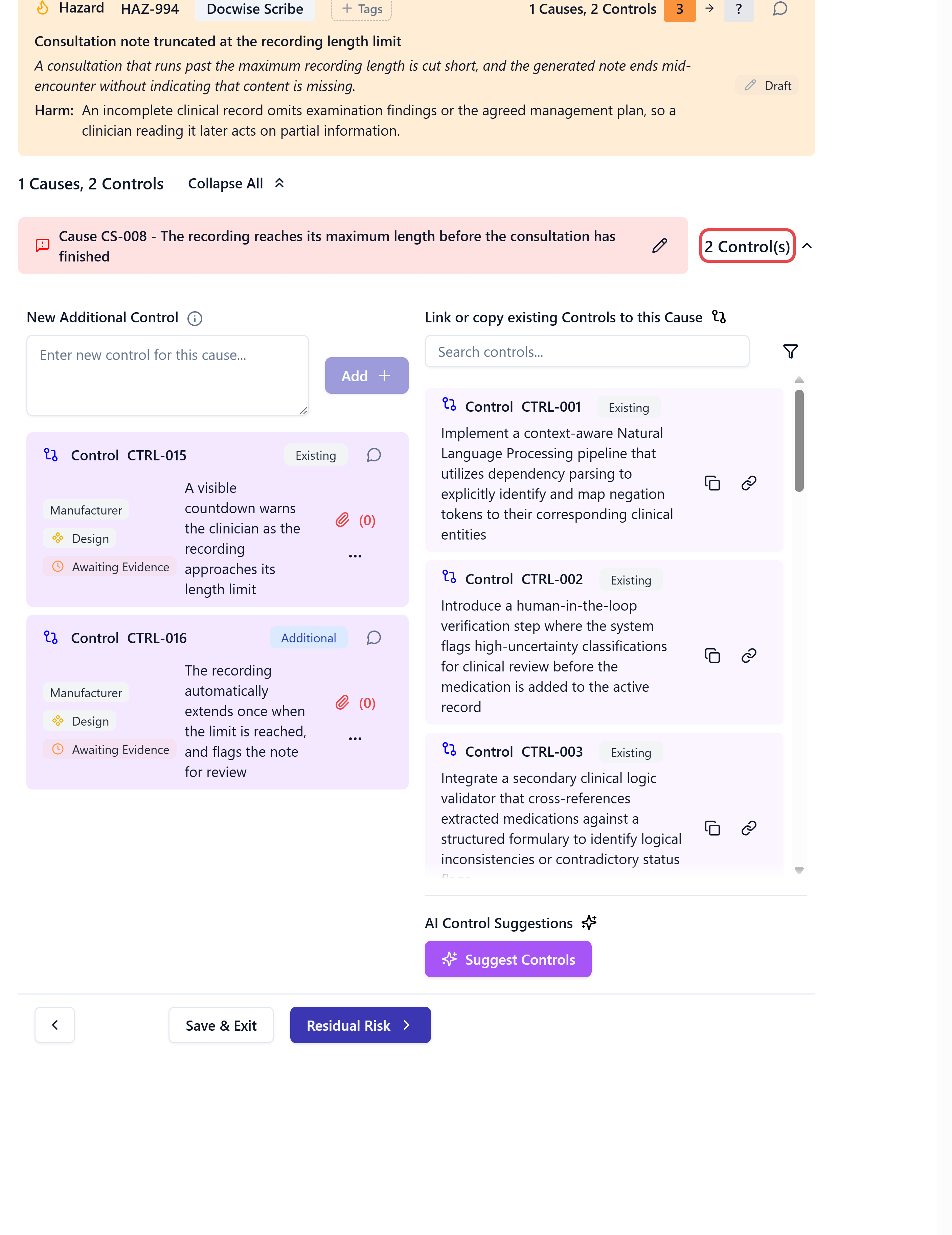 A cause with two controls, both with Control Status Awaiting Evidence