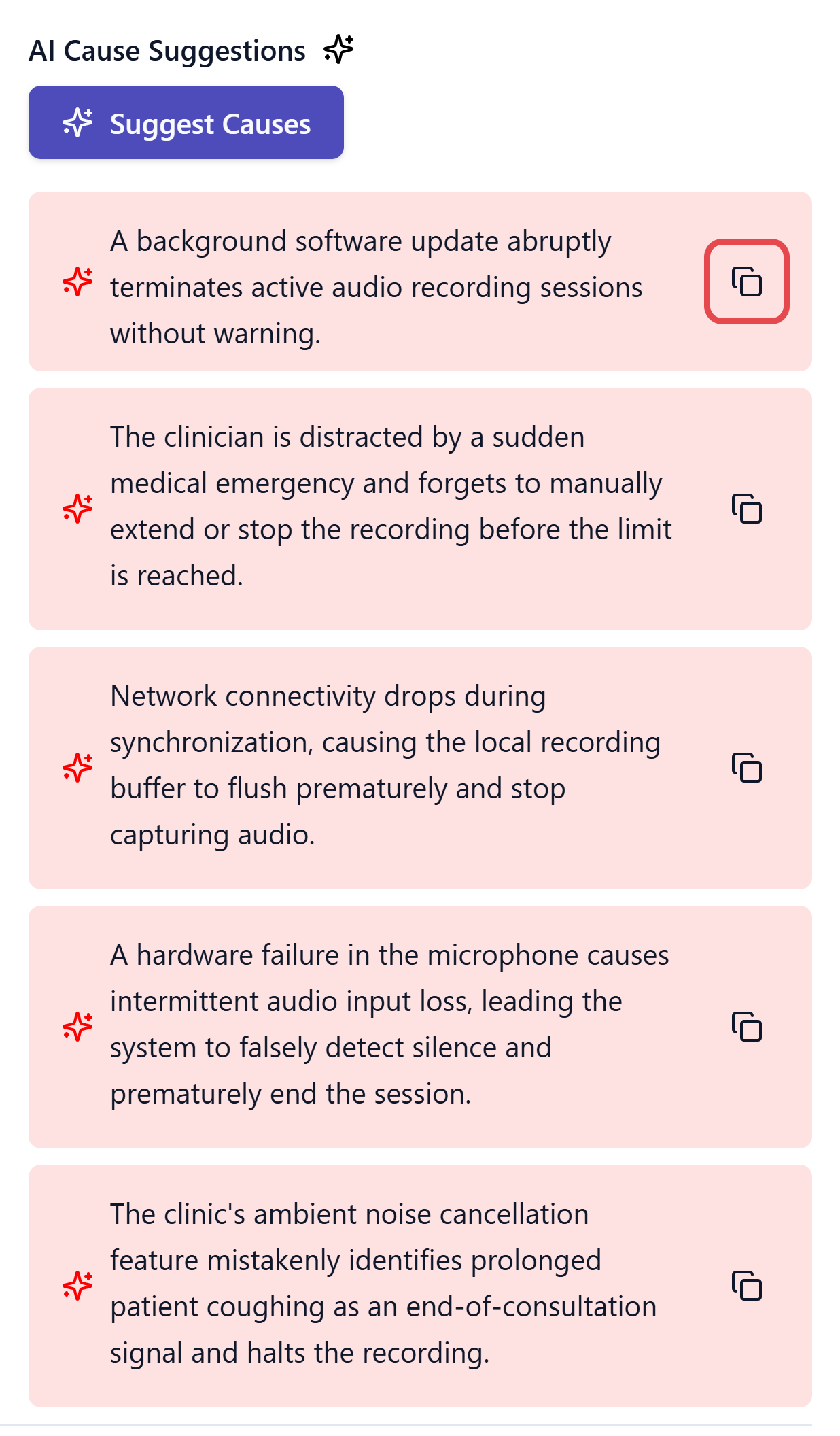AI cause suggestions listed under the Suggest Causes button, each with a copy icon