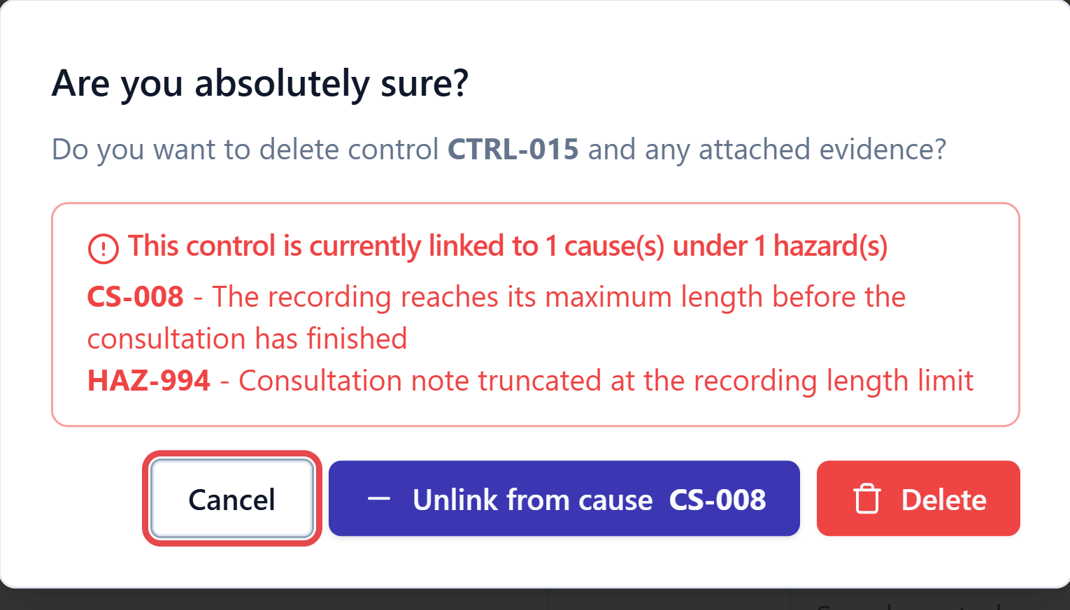 The delete confirmation for a shared control, listing where it is used