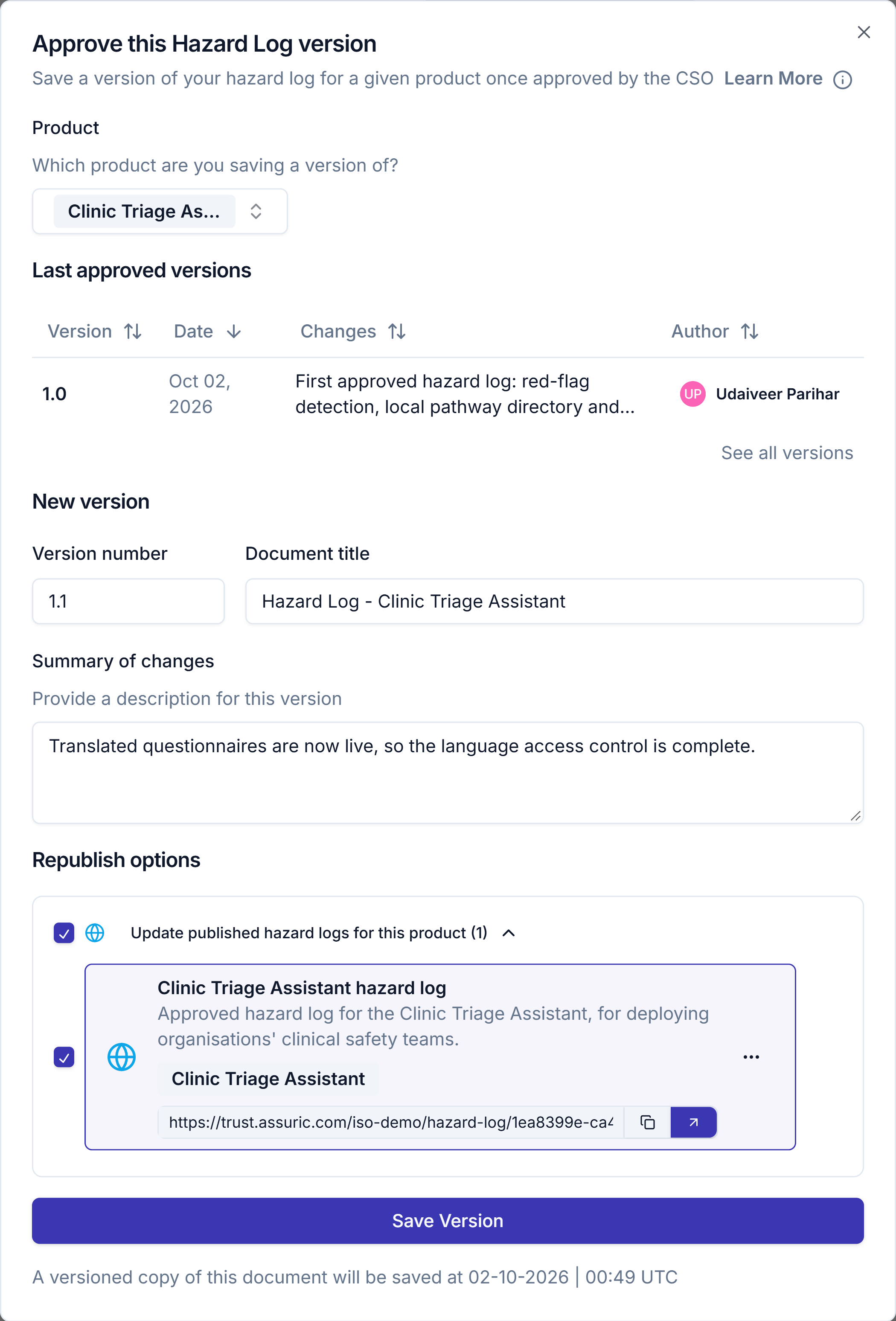 The Approve this Hazard Log version dialog showing the product, last approved versions, new version fields and Republish options