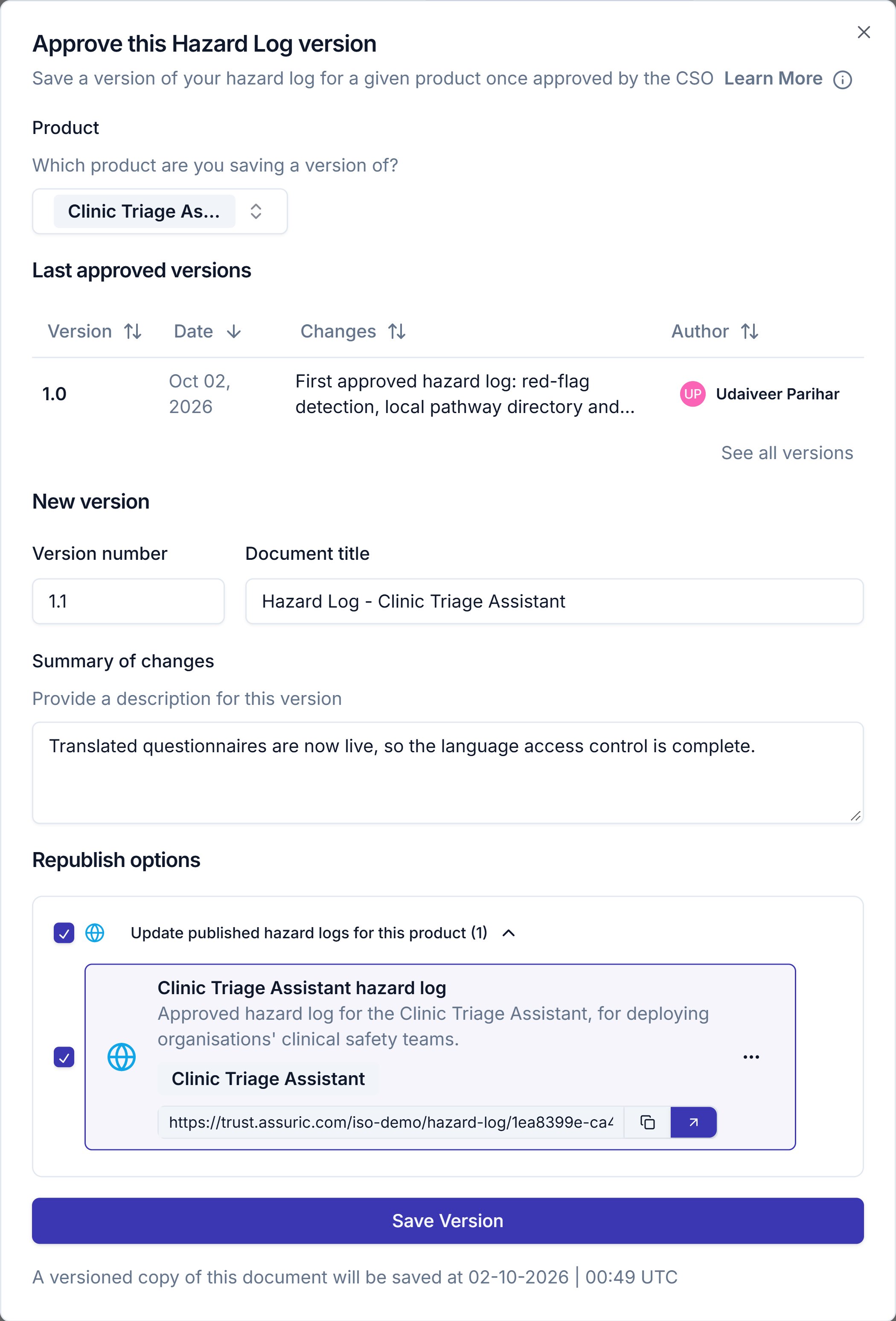 The Approve this Hazard Log version dialog showing the product, last approved versions, new version fields and Republish options