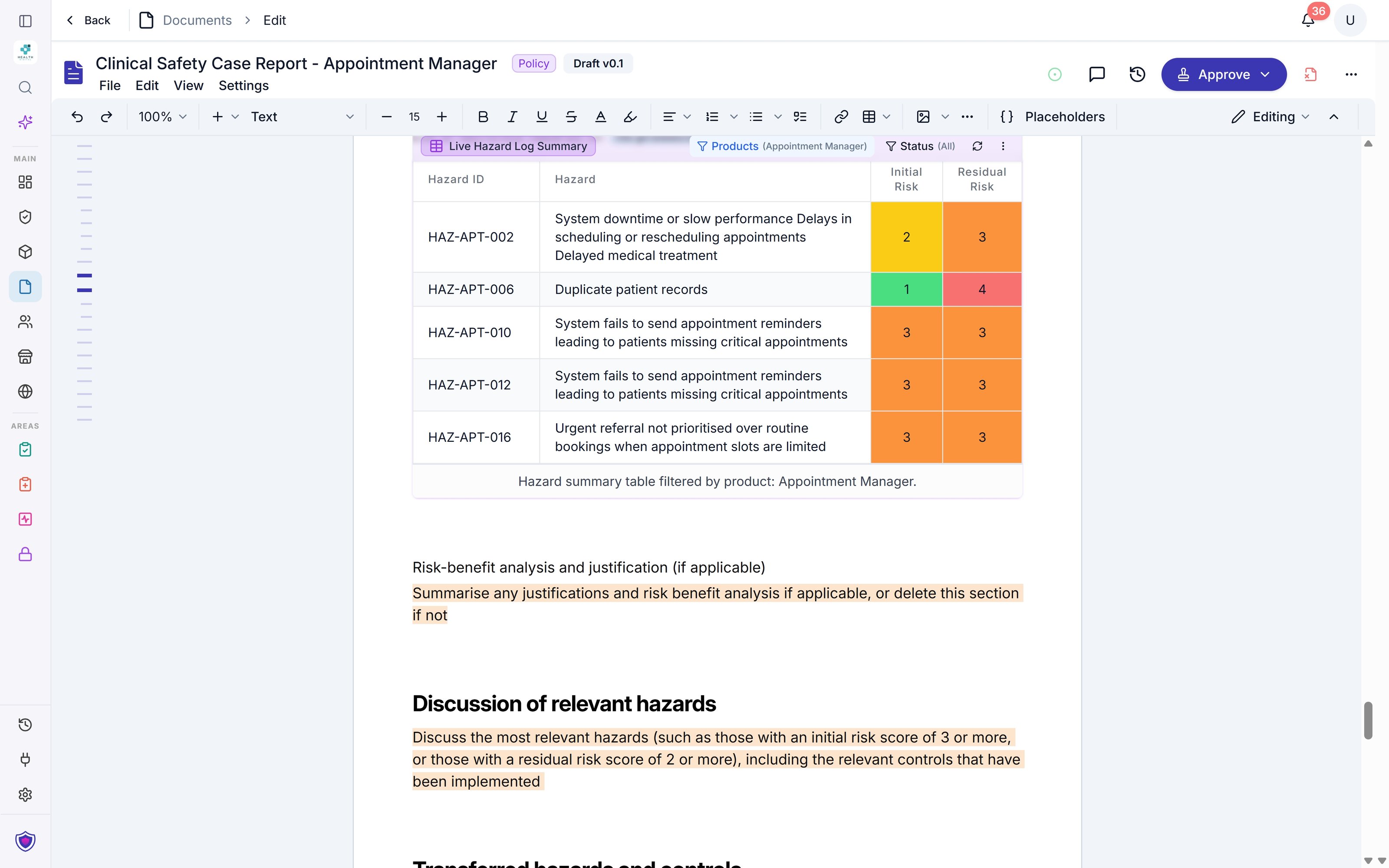 A Clinical Safety Case Report draft showing the Live Hazard Log Summary table filtered to Appointment Manager, with five hazards and their initial and residual risk ratings