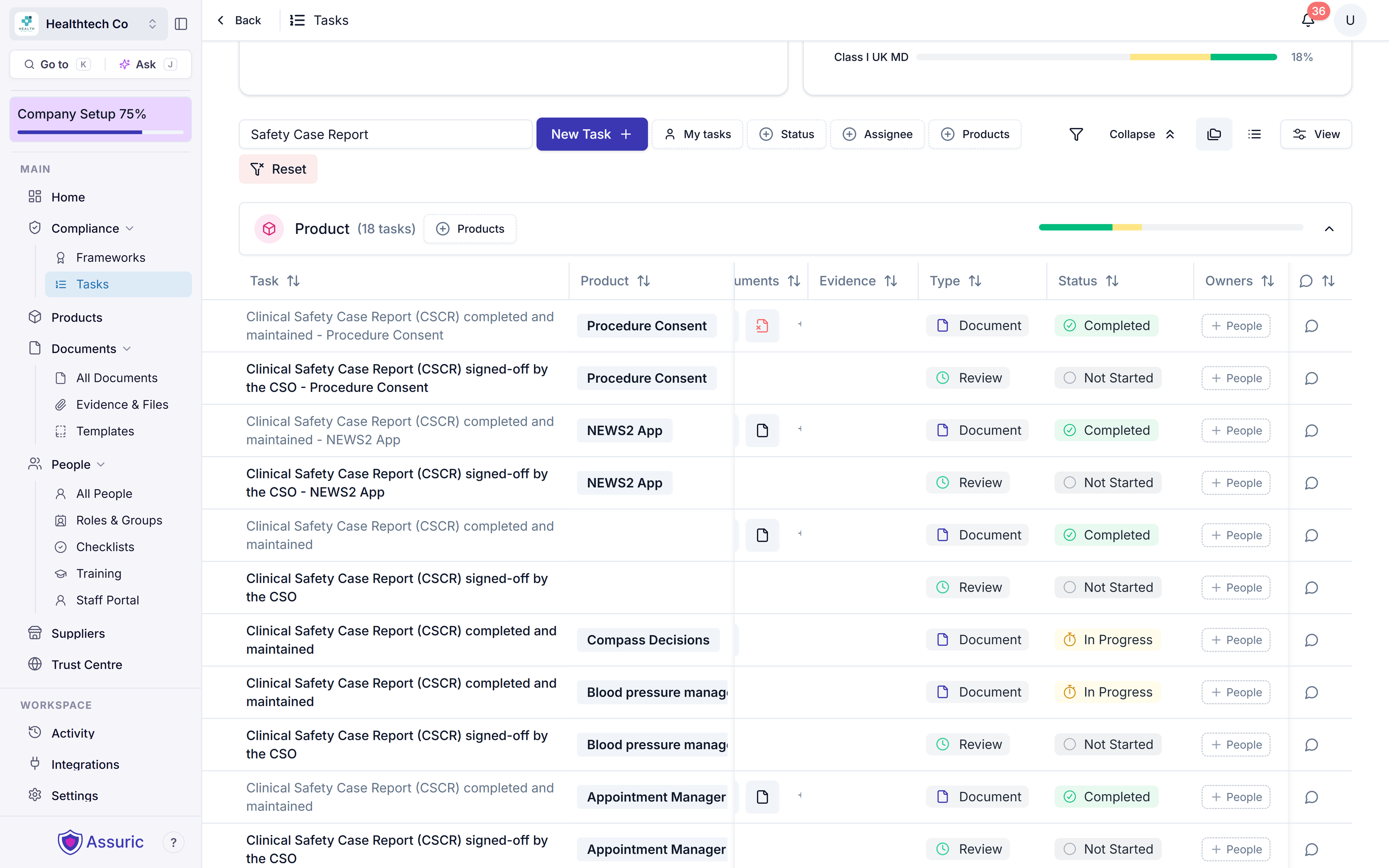 The Tasks page filtered to Clinical Safety Case Report, showing the task recurring per product