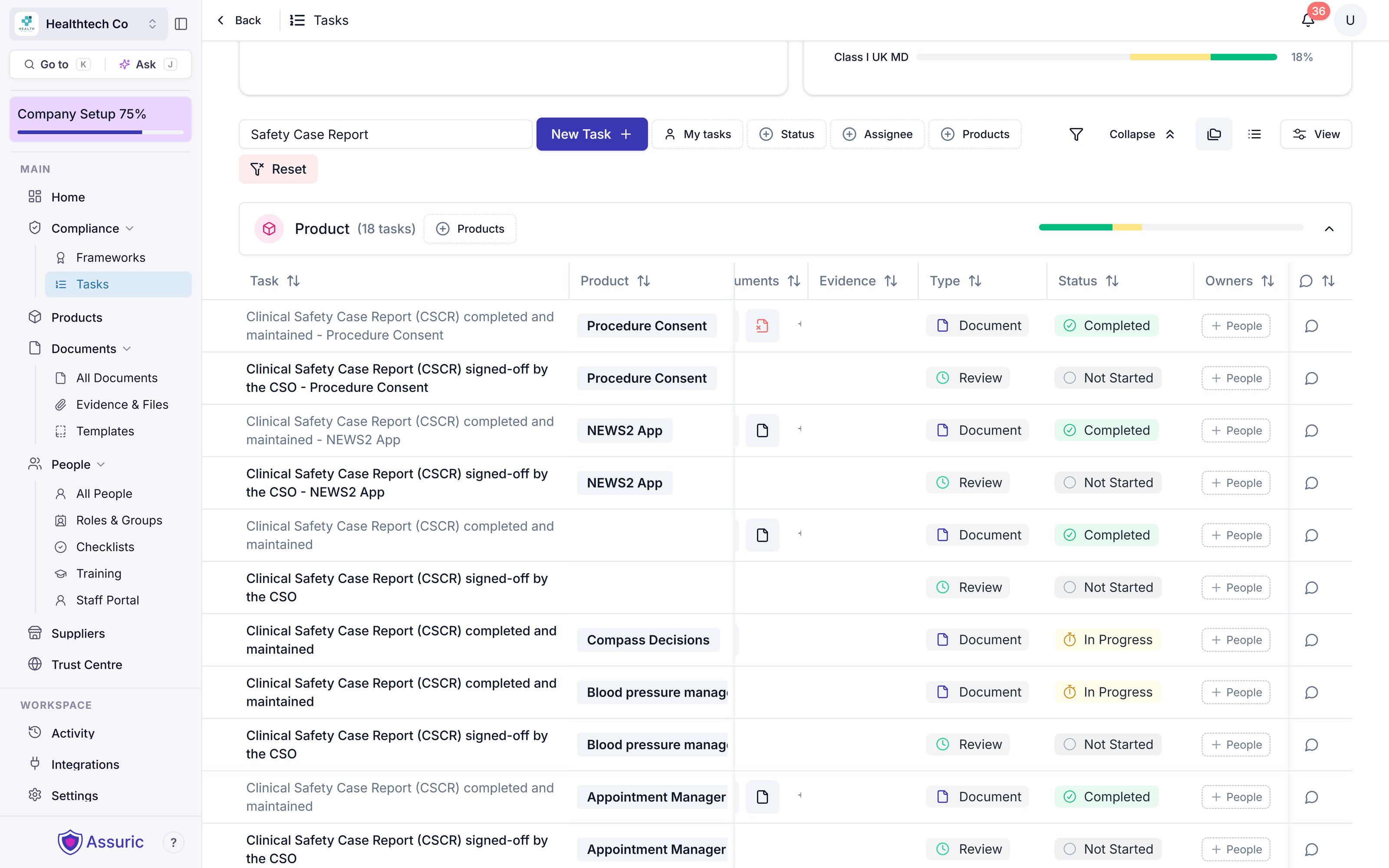 The Tasks page filtered to Clinical Safety Case Report, showing the task recurring per product