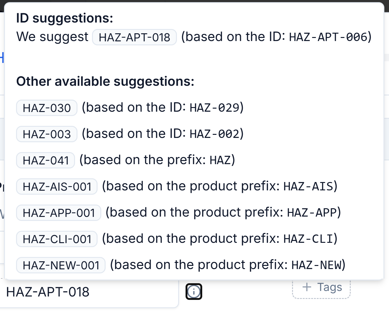 The ID suggestions tooltip listing suggested hazard IDs and what each is based on