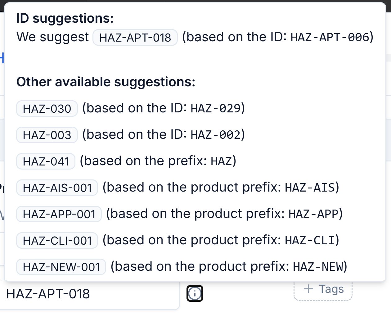 The ID suggestions tooltip listing suggested hazard IDs and what each is based on