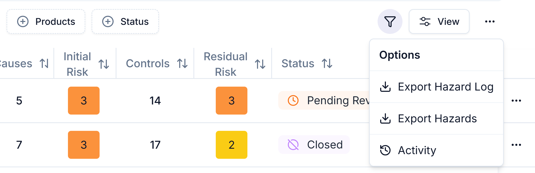The Options menu on the Hazard Log page showing Export Hazard Log, Export Hazards and Activity