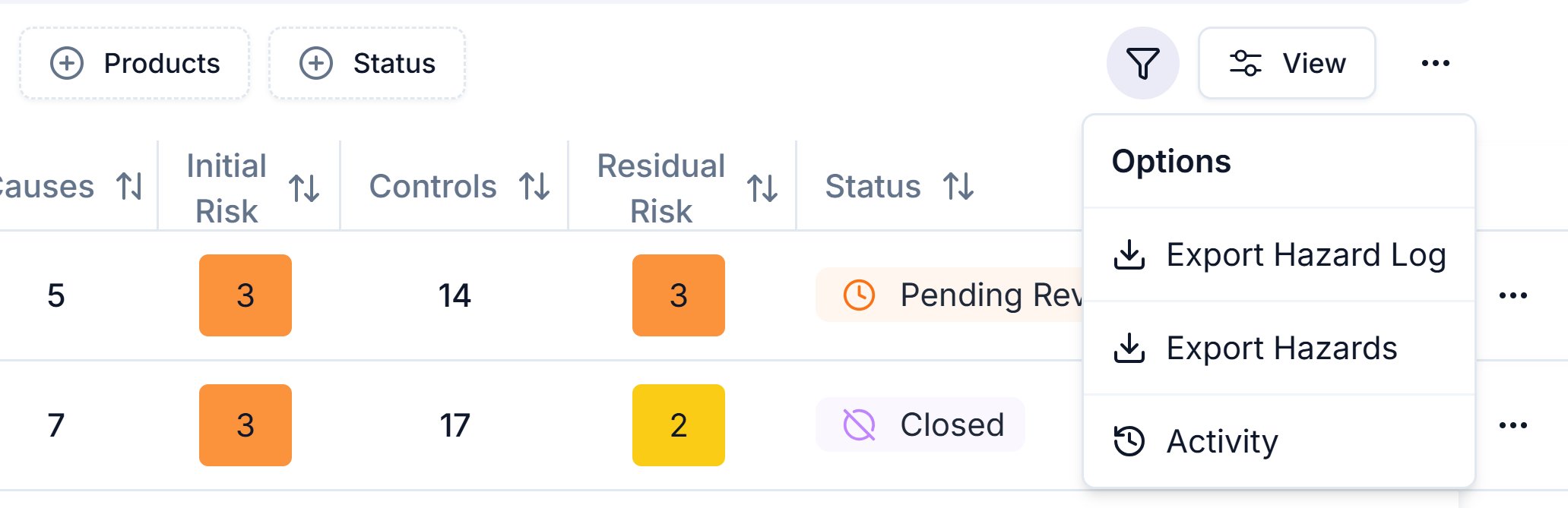 The Options menu on the Hazard Log page showing Export Hazard Log, Export Hazards and Activity
