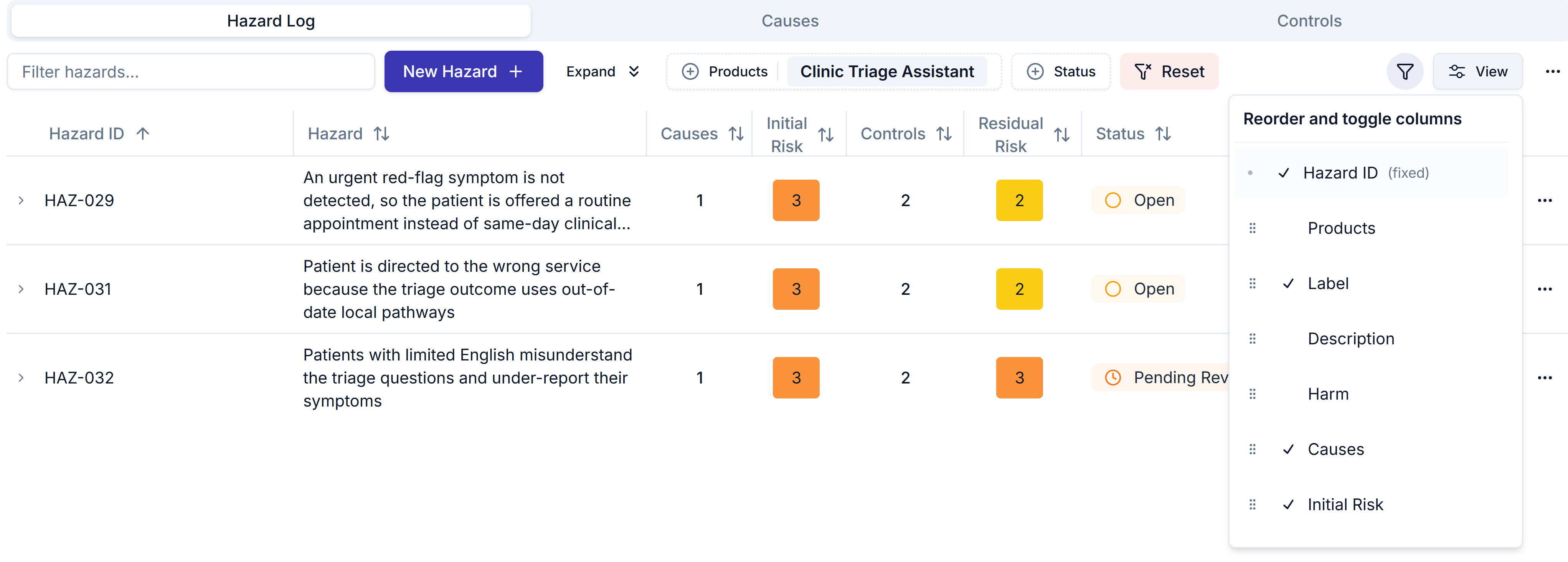 The hazard log table with the Reorder and toggle columns menu open