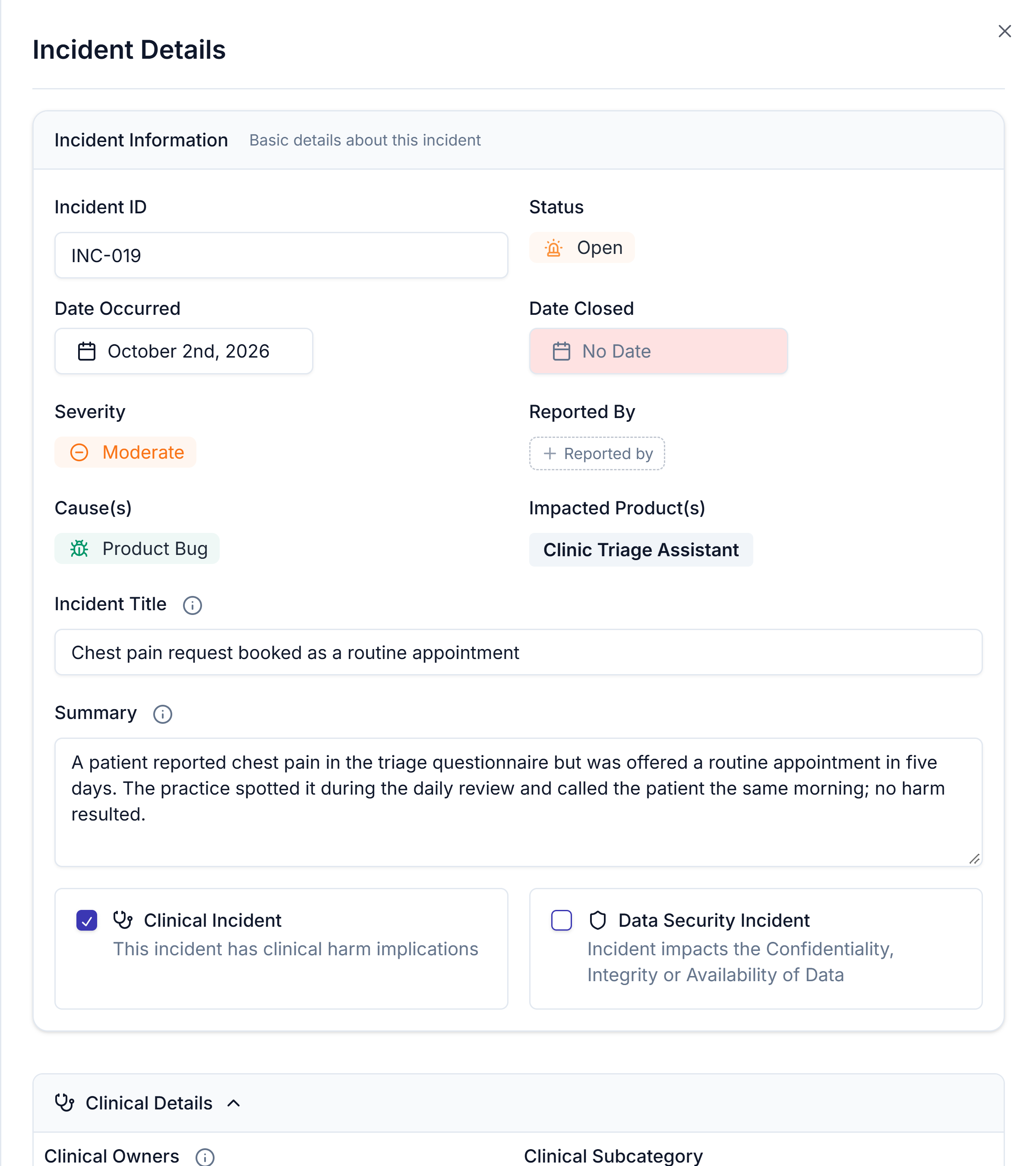The Incident Details sheet showing Incident Information fields and the Clinical Incident and Data Security Incident ticks