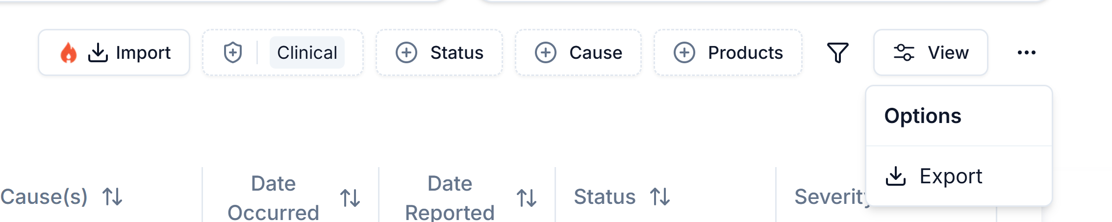 The incidents toolbar with the Options menu open, showing Export
